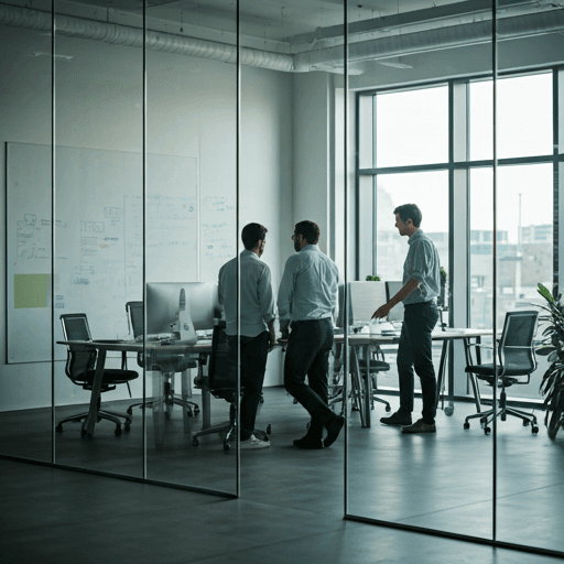 Modern software team collaborating in a glass office